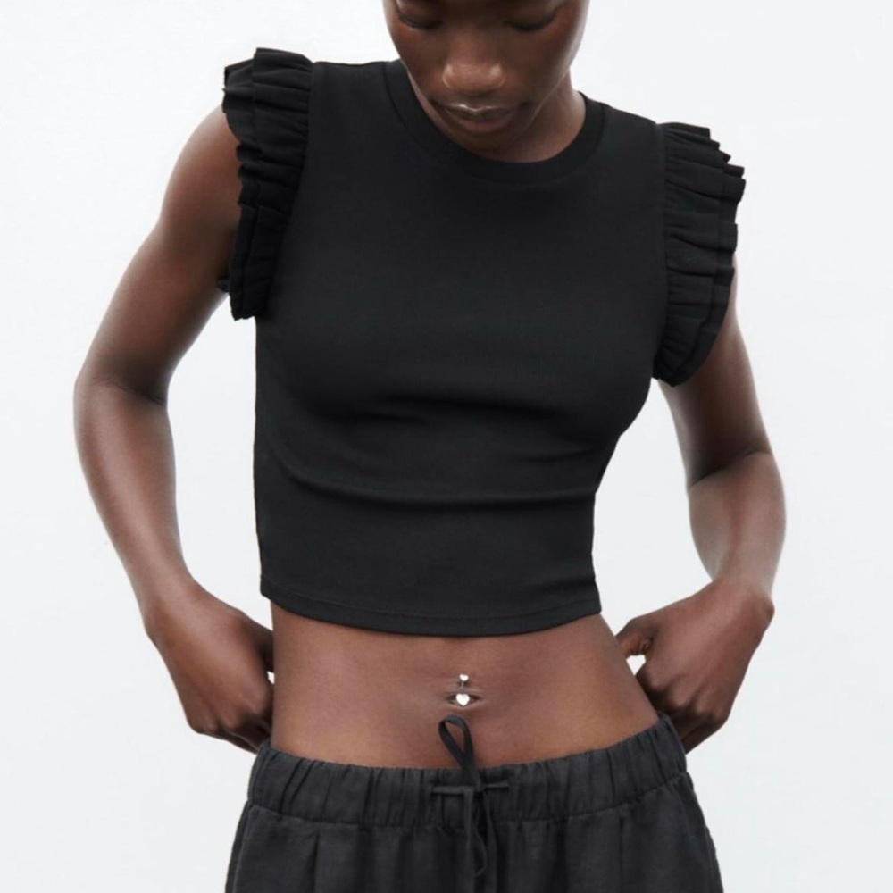 Zara Black Ruffle Sleeve Crop Top